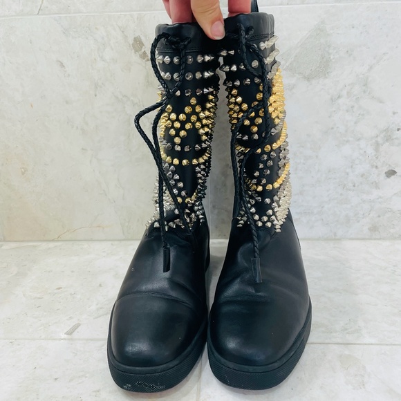 LOUBOUTIN {38} Boots Leather Studded Accents Lace-Up Boots - Picture 2 of 16